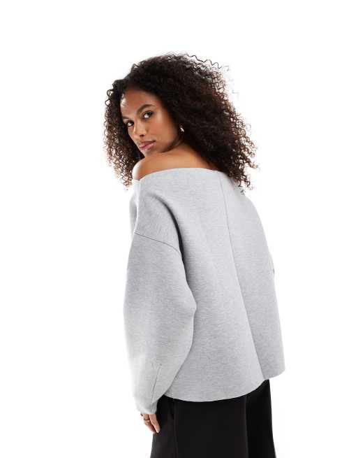 ASOS DESIGN - Grå sweatshirt med halsudskæring og lange ærmer i scuba-lignende stof, 4 af 4