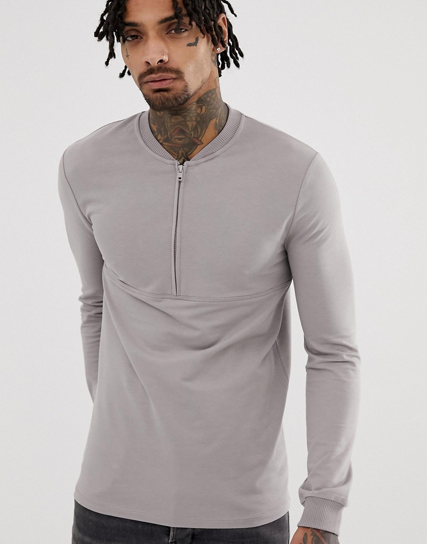 ASOS DESIGN – Grå sweatshirt med muscle-passform och kort dragkedja