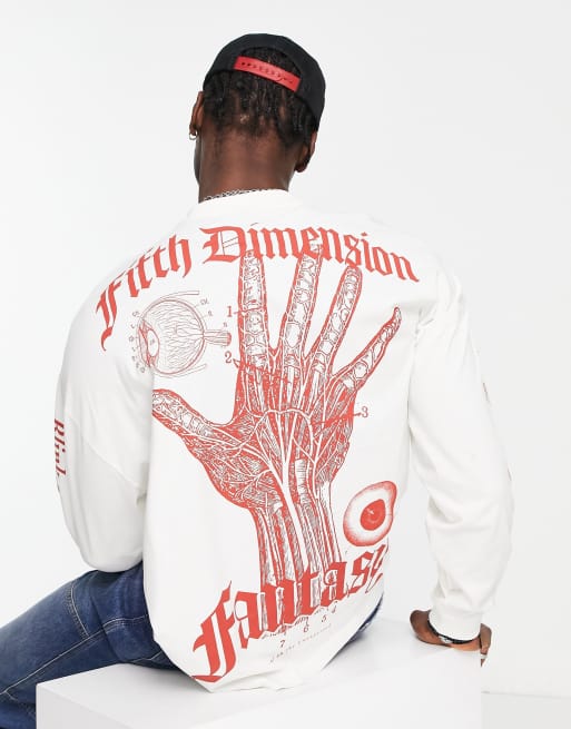 ASOS DESIGN – Grå t-shirt i oversize med långa ärmar med tryck och gotiskt tryck baktill