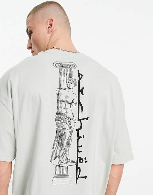 ASOS DESIGN – Grå t-shirt i oversize med statytryck längs ryggraden