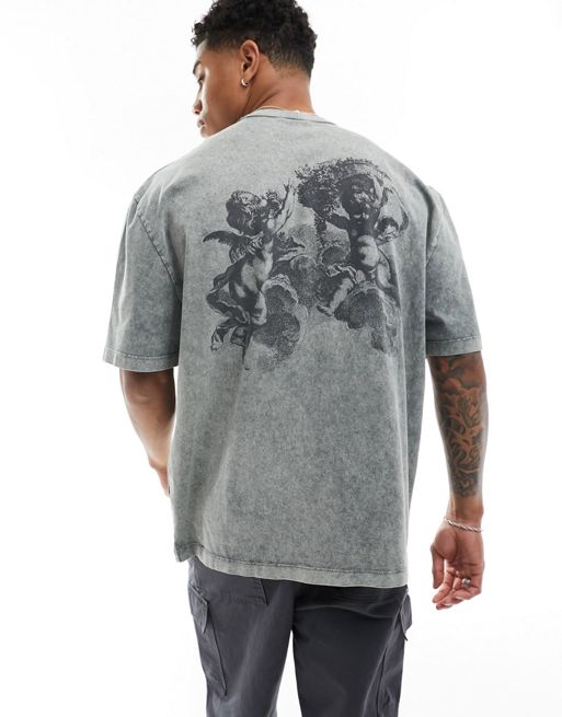 FhyzicsShops DESIGN – Grå t-shirt i oversize med tvättad finish och renässanstryck baktill