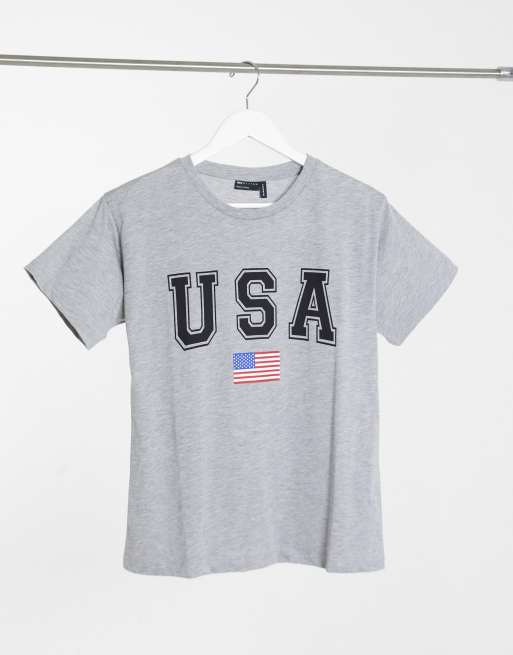 ASOS DESIGN – Grå t-shirt med 'USA' i svart tryck