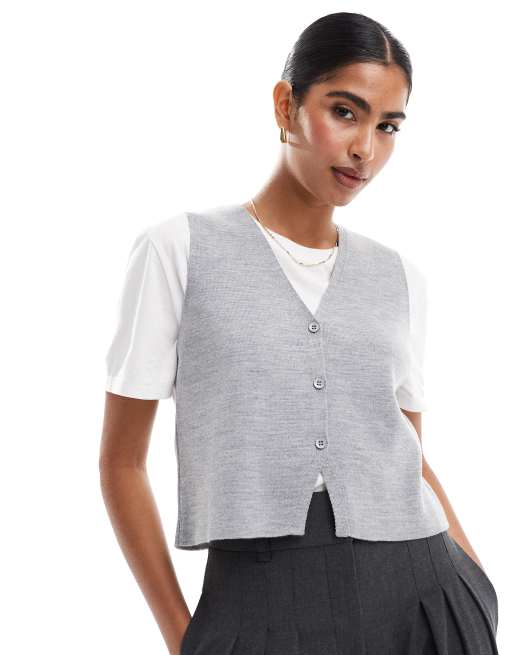 ASOS DESIGN – Grå, tätstickad kostymväst med v-ringning