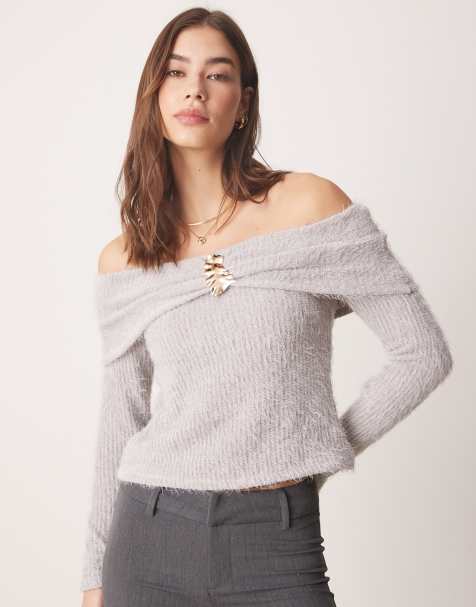 ASOS DESIGN – Grå topp i chenille med bara axlar och gulddetalj - view 1