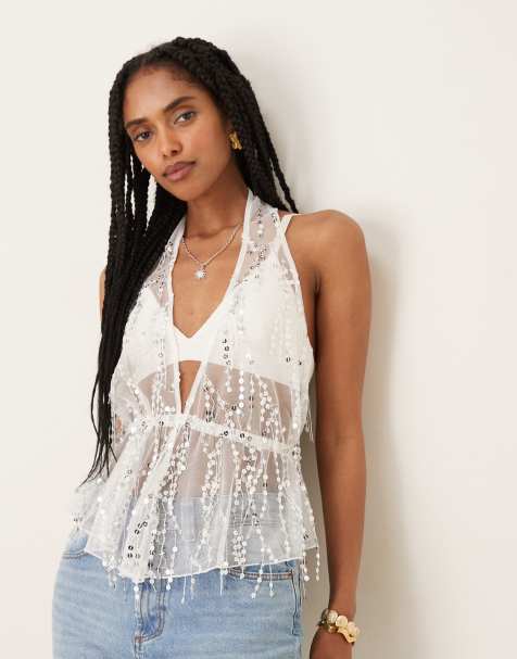 ASOS DESIGN – Grå topp i skir mesh med paljetter och halterneck - view 1