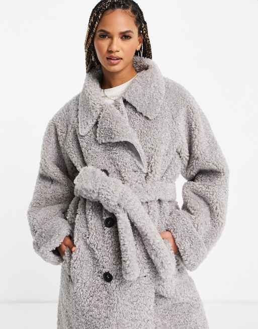 ASOS DESIGN - Grå trenchcoat i bonded shearling