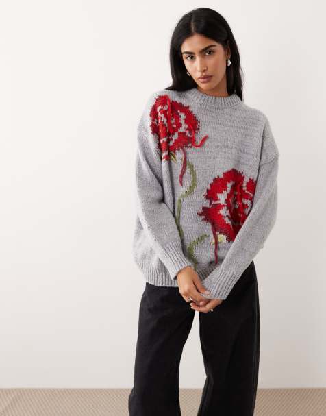 ASOS DESIGN – Grå tröja i oversize med rosmönster - view 1