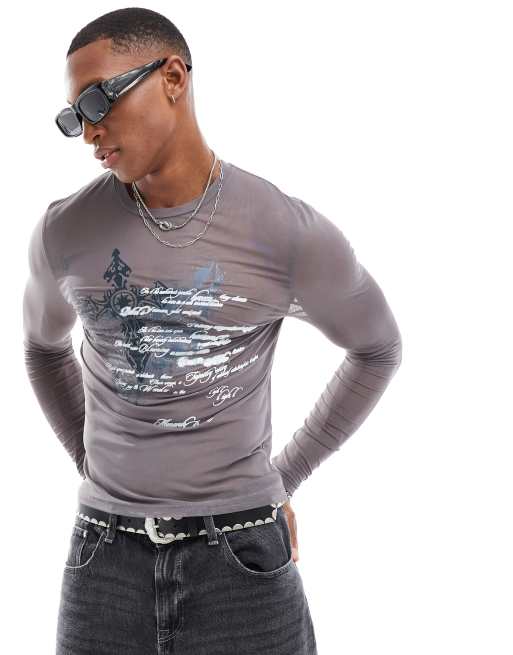 ASOS DESIGN - Grå, tætsiddende og langærmet T-shirt i power-mesh med grunge-print fortil