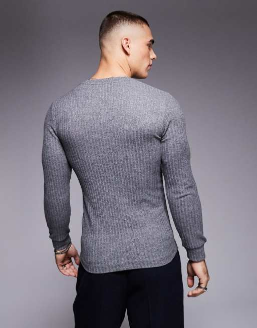ASOS DESIGN - Grå tætsiddende T-shirt med ribber og lange ærmer i børstet materiale, 2 af 4