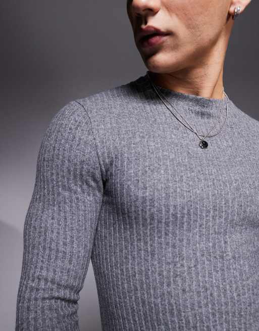 ASOS DESIGN - Grå tætsiddende T-shirt med ribber og lange ærmer i børstet materiale, 3 af 4