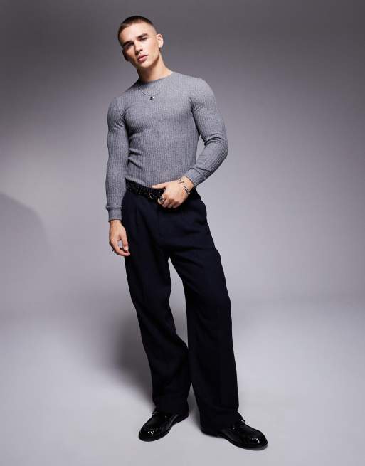 ASOS DESIGN - Grå tætsiddende T-shirt med ribber og lange ærmer i børstet materiale, 4 af 4