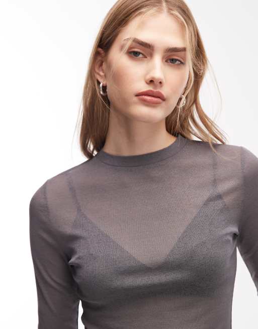 ASOS DESIGN - Grå tætsiddende top med lange ærmer i gennemsigtigt gaze-mesh, 3 af 4