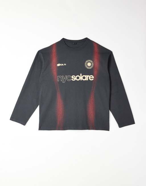 ASOS DESIGN – Grå, tvättad och kraftig t-shirt i oversized fit med långa ärmar och sporttryck