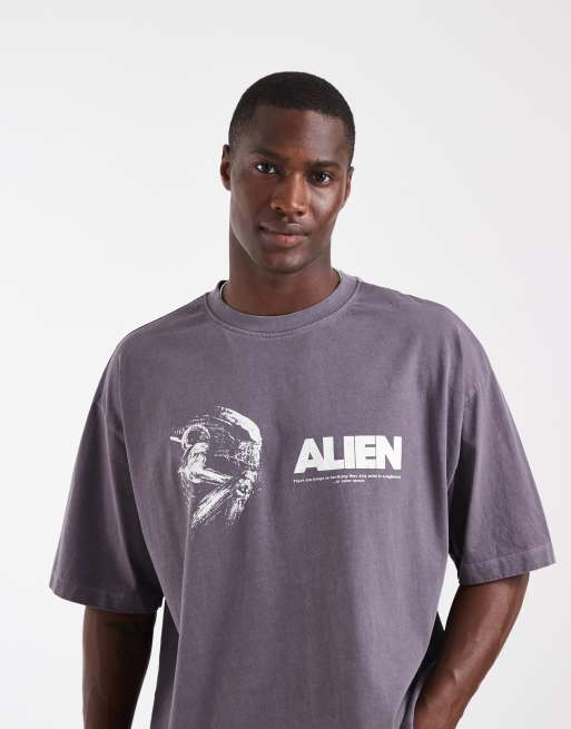 ASOS DESIGN – Grå, tvättad t-shirt i oversized fit med Alien-tryck, 4 av 5