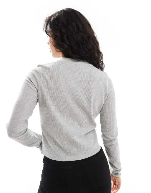 ASOS DESIGN – Grå, våffelstrukturerad henley-t-shirt med långa ärmar, 3 av 4