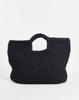 ASOS DESIGN grab handle cotton raffia tote bag in black - BLACK