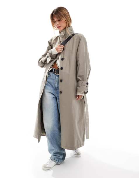 ASOS DESIGN – Gråbrun, lång trenchcoat i oversize med ståkrage - view 1
