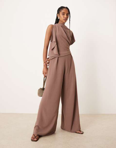 ASOS DESIGN - Gråbrun og asymmetrisk jumpsuit med draperet hals - view 1