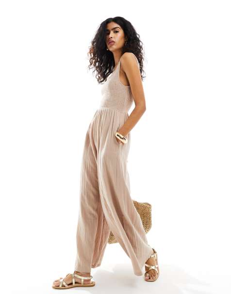 ASOS DESIGN - Gråbrunt jumpsuit med dyb, rund hals og vide ben - view 1
