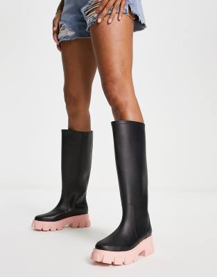 ASOS DESIGN - Gracie - Bottes de pluie montantes à semelle chunky - Noir/rose