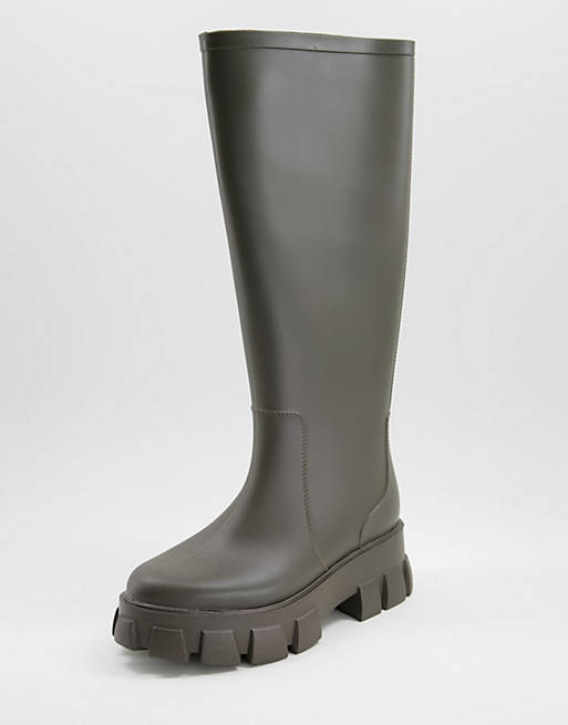 Stivali da pioggia al ginocchio kaki con suola spessa Asos Donna Scarpe Stivali Stivali di gomma Gracie 