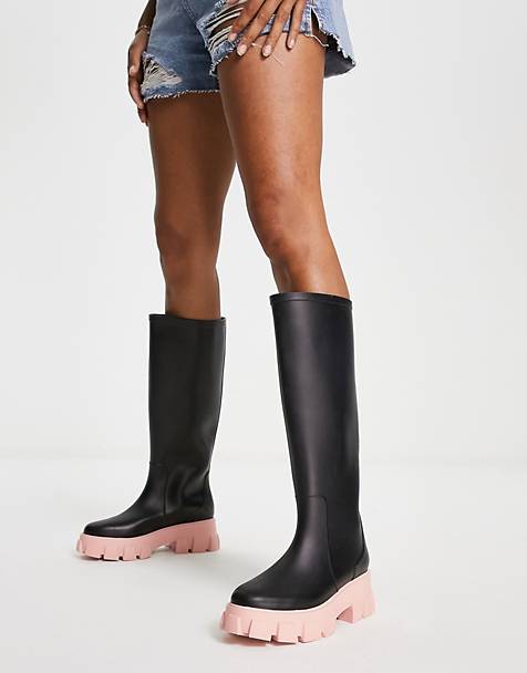 Gracie Stivali da pioggia al ginocchio neri con suola spessa rosa Asos Donna Scarpe Stivali Stivali di gomma 