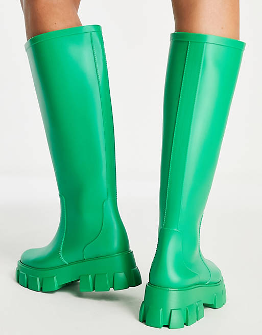 Asos Donna Scarpe Stivali Stivali di gomma Stivali da pioggia al ginocchio verdi con suola spessa Gracie 