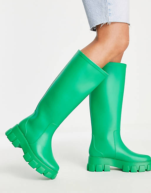 Gracie Asos Donna Scarpe Stivali Stivali di gomma Stivali da pioggia al ginocchio verdi con suola spessa 