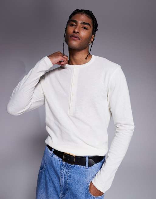 ASOS DESIGN – Gräddevit t-shirt i henleystil med långa ärmar av linnemix
