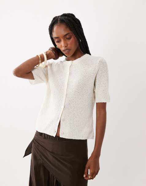 ASOS DESIGN – Gräddvit, avslappnad kofta med korta ärmar i slubbväv - view 1