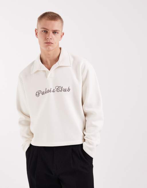 ASOS DESIGN – Gräddvit, avslappnad sweatshirt med pikékrage och broderad text, 3 av 5