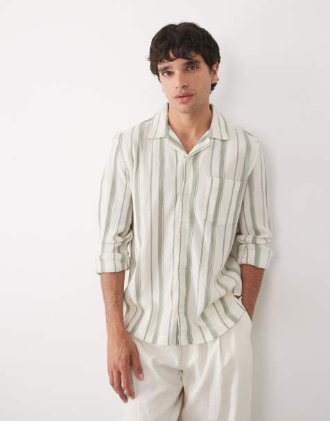 ASOS DESIGN – Gräddvit, blårandig och texturerad skjorta i regular fit med platt krage - view 1