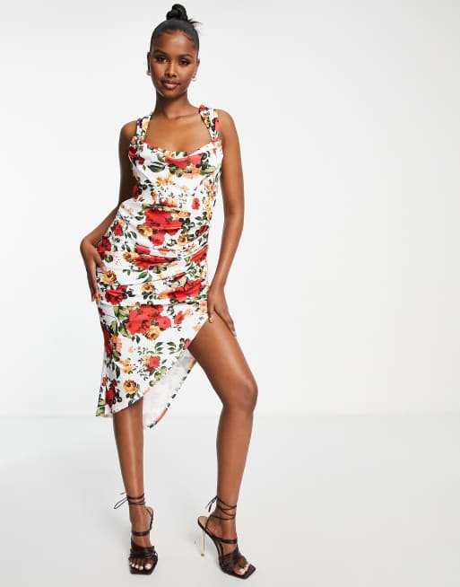 ASOS DESIGN – Gräddvit, blommig midi-fodralklänning med draperad ringning