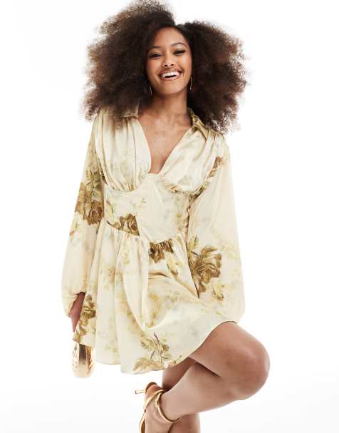 ASOS DESIGN – Gräddvit, blommig och kort skjortklänning i satin med korsettmidja och draperad rygg - view 1