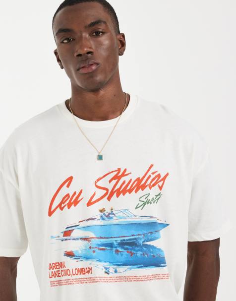 ASOS DESIGN – Gräddvit, boxig t-shirt i oversized fit med speedboat-tryck - view 1