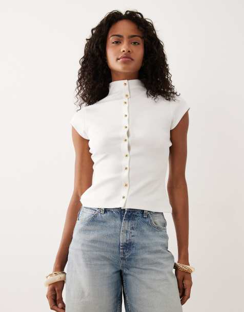 ASOS DESIGN – Gräddvit, dubbelstickad topp med ståkrage och knäppning framtill - view 1