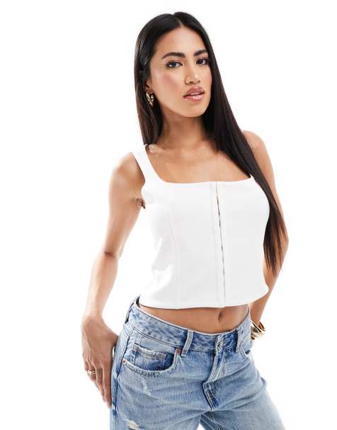 ASOS DESIGN – Gräddvit, figursydd korsett-topp med hak- och hyskknäppning - view 1