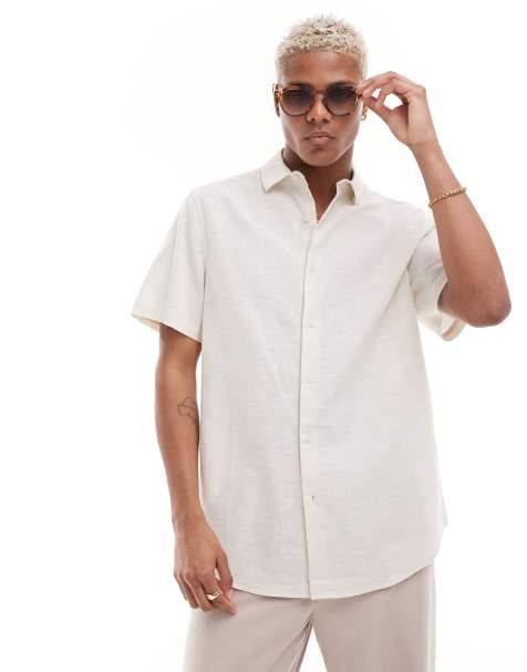 ASOS DESIGN – Gräddvit finskjorta i linnemix med regular fit - view 1