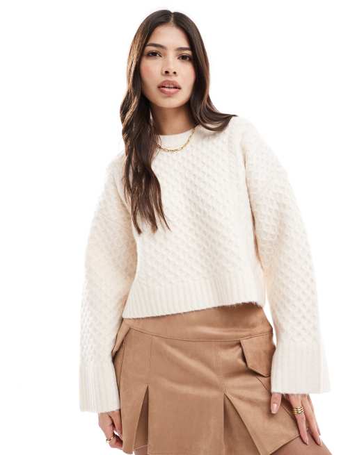 ASOS DESIGN – Gräddvit, flätstickad och boxig tröja med rund halsringning och breda ärmslut