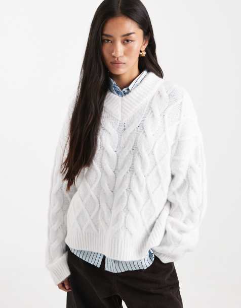 ASOS DESIGN – Gräddvit, flätstickad tröja i boxy fit med hög v-ringning - view 1