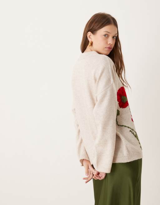 ASOS DESIGN – Gräddvit, fluffig tröja med boxig passform och blomdesign, 4 av 4