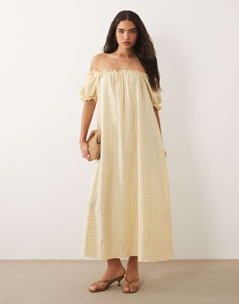 ASOS DESIGN – Gräddvit, ginghamrutig maxiklänning med puffärmar - view 1