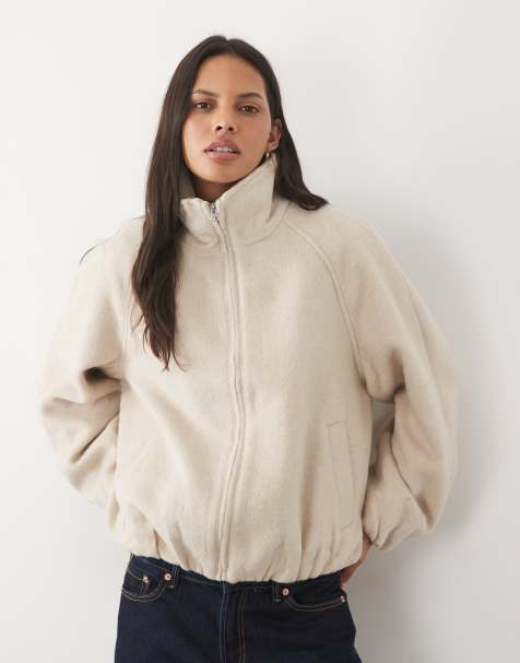 ASOS DESIGN – Gräddvit jacka i ylle med ståkrage och ballongfåll - view 1