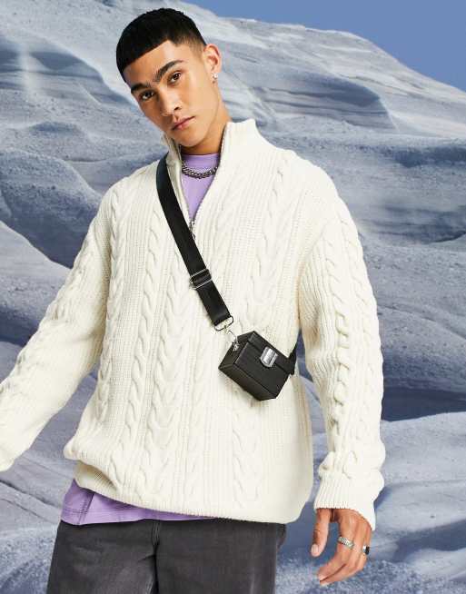 ASOS DESIGN – Gräddvit kabelstickad tröja med dragkedja vid halsen, 4 av 4