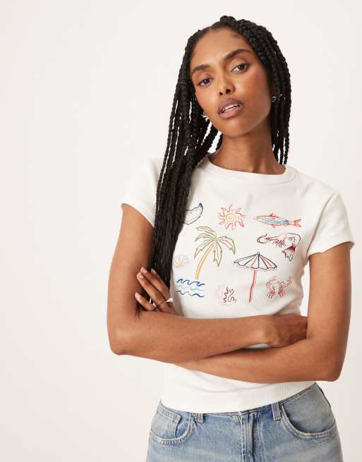ASOS DESIGN – Gräddvit, kort T-shirt med semestertryck