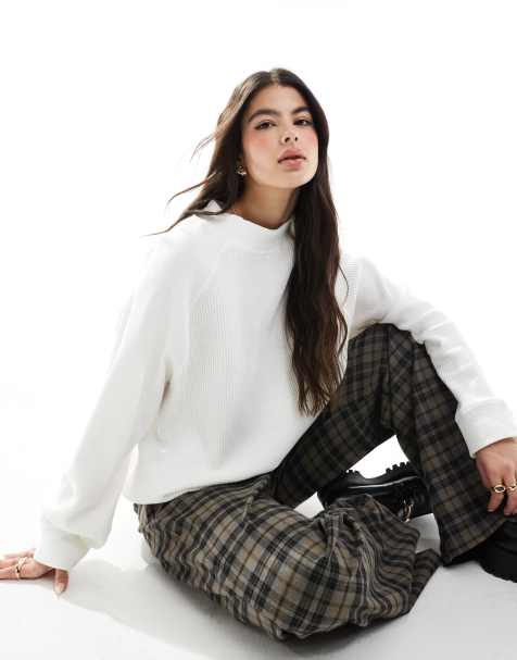 ASOS DESIGN – Gräddvit, kraftig topp med våffeltextur, hög ringning och långa raglanärmar - view 1