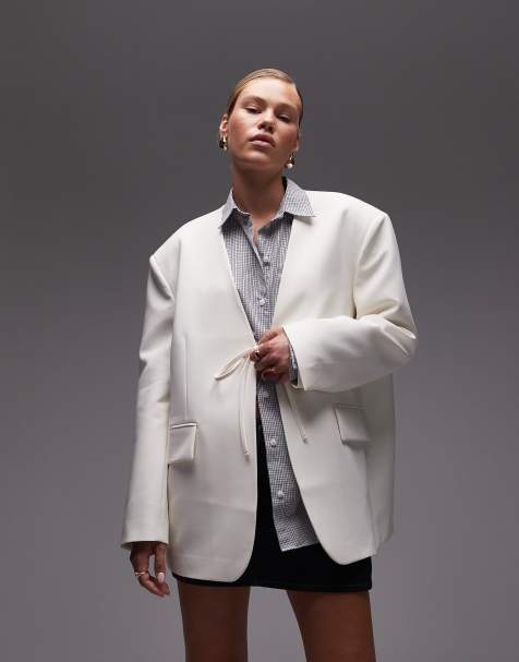 ASOS DESIGN – Gräddvit, kraglös kavaj i oversize med knytning framtill - view 1