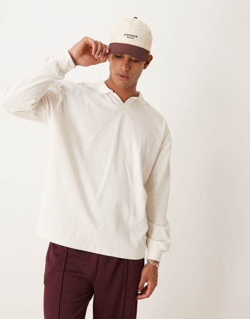 ASOS DESIGN – Gräddvit, långärmad pikétröja i oversize med platt krage