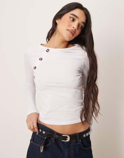 ASOS DESIGN – Gräddvit, långärmad topp med knäppning - view 1