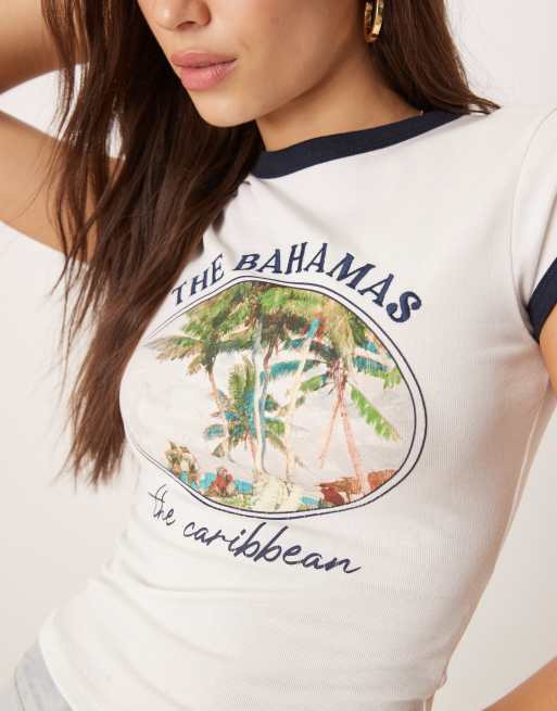 ASOS DESIGN – Gräddvit, liten t-shirt med Bahamas location-tryck och kantrand, 4 av 4
